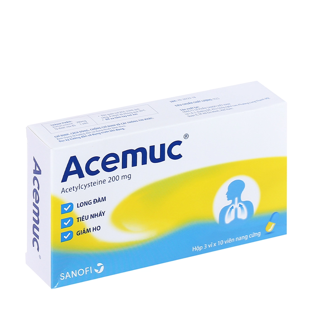 Acemuc Acetylcystein 200mg hộp 3 vỉ x 10 viên nang Sanofi