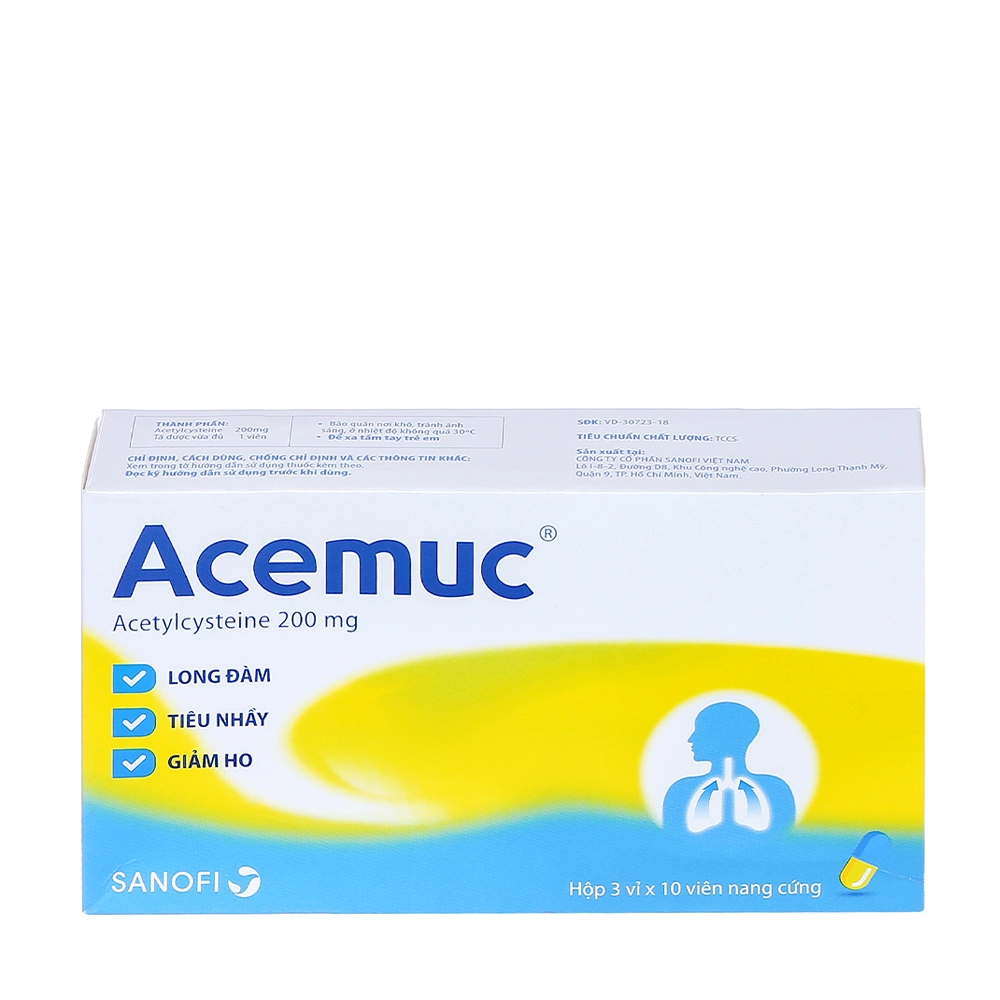 Acemuc Acetylcystein 200mg hộp 3 vỉ x 10 viên nang Sanofi