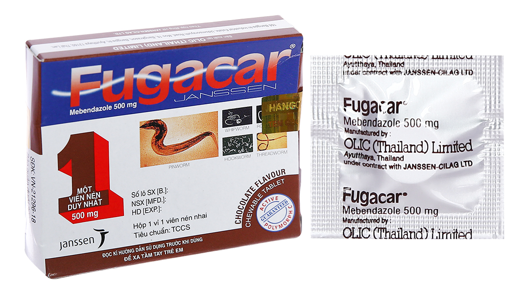 Fugacar Choco Mebendazol 500mg hộp 1 viên Thái Lan