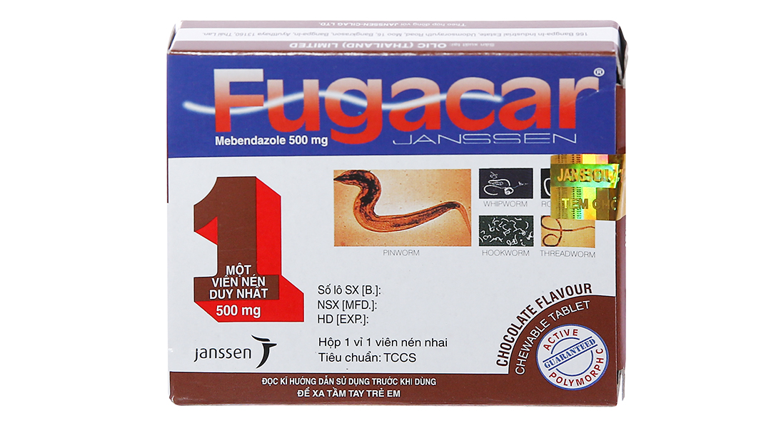 Fugacar Choco Mebendazol 500mg hộp 1 viên Thái Lan