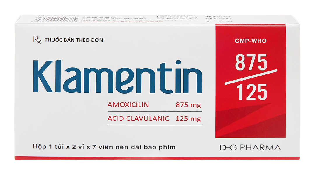 KLAMENTIN 875/125 DHG Hộp 1 túi x 2 vỉ x 7 viên nén dài bao phim