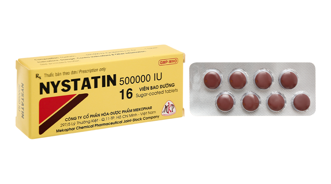 Nystatin 500000IU hộp 2 vỉ x 8 viên nén bao đường Mekophar